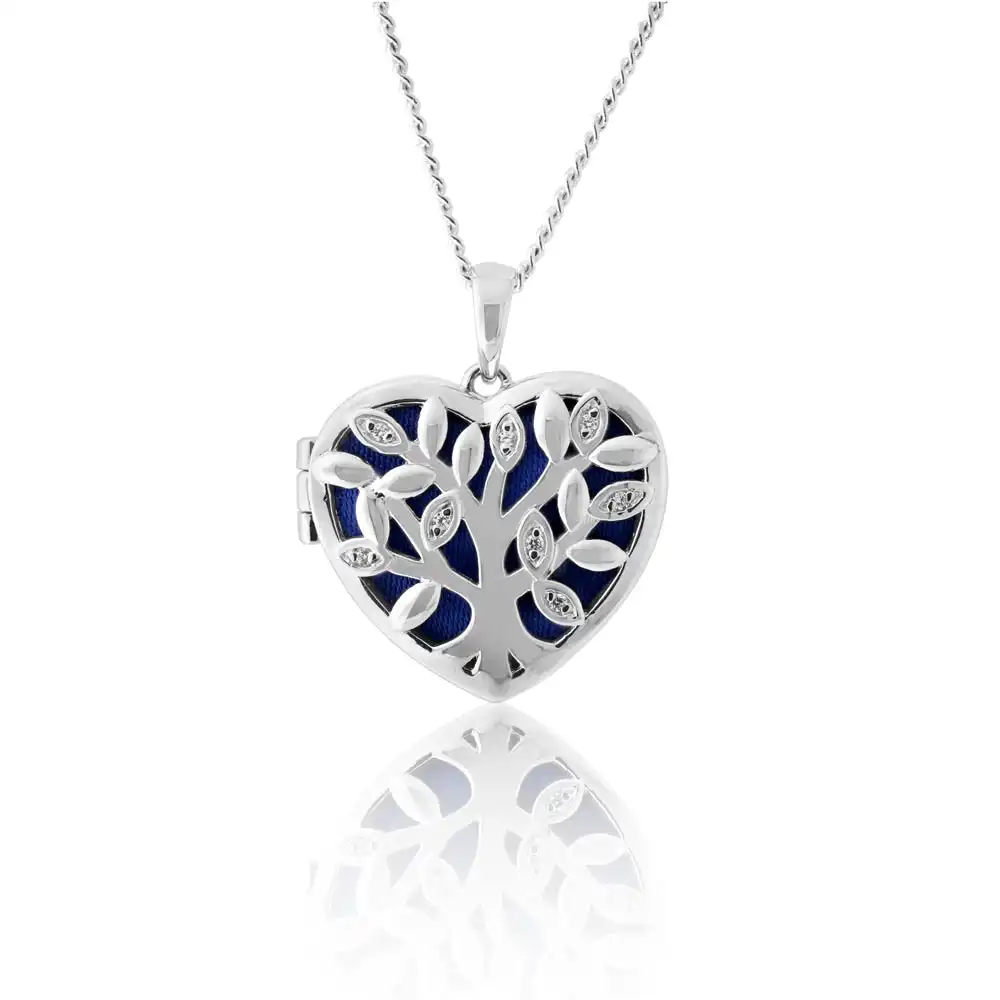 Sterling Silver Cubic Zirconia Tree of Life Locket with Blue Velvet Pendant