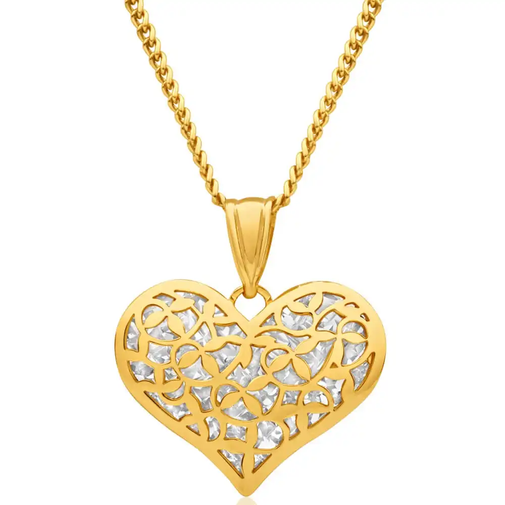 9ct Yellow Gold Silver Filled Diamond Cut Heart Pendant