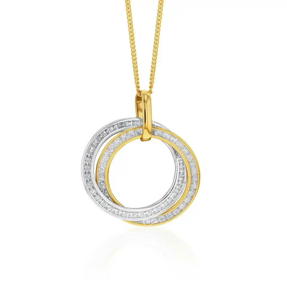 9ct Yellow And White Gold Silverfilled Cubic Zirconia On Twin Circle Pendant