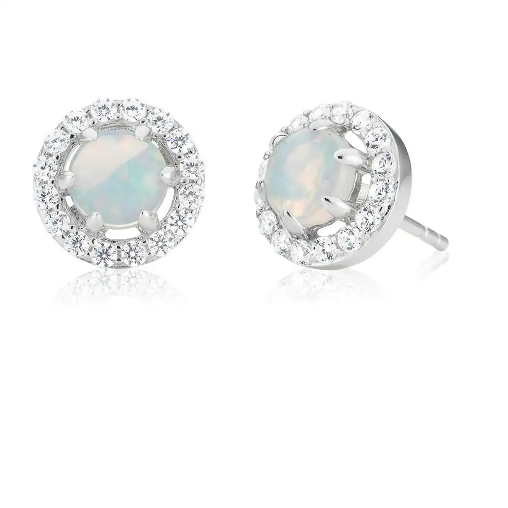 Sterling Silver Created White Opal and Cubic Zirconia Stud Earrings