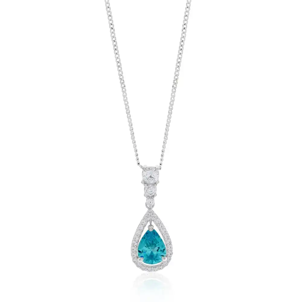 Sterling Silver Blue and White Zirconia Pear Shaped Pendant
