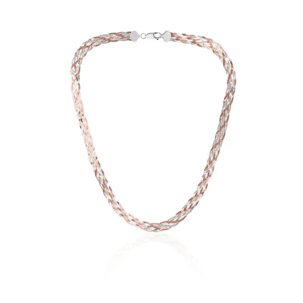 Sterling Silver and Rose Gold Plated 45cm Multi Strand Plait Necklace