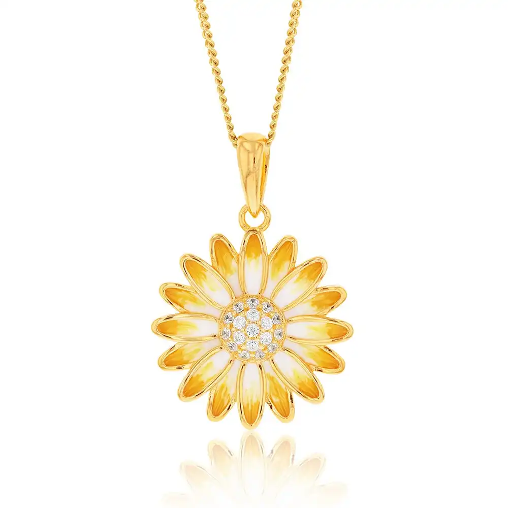 Gold Plated Sterling Silver And Enamel Sunflower Pendant