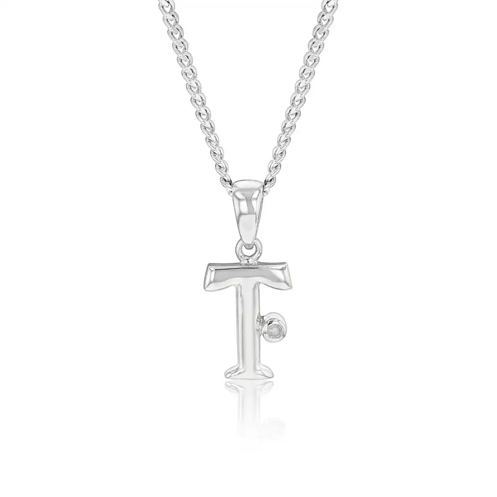 Silver Pendant Initial T set with Diamond