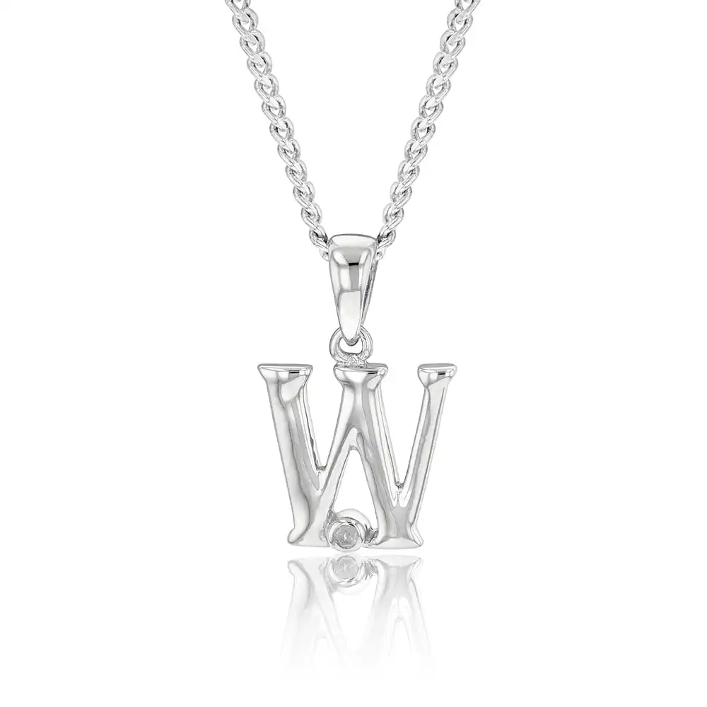 Silver Pendant Initial W set with Diamond
