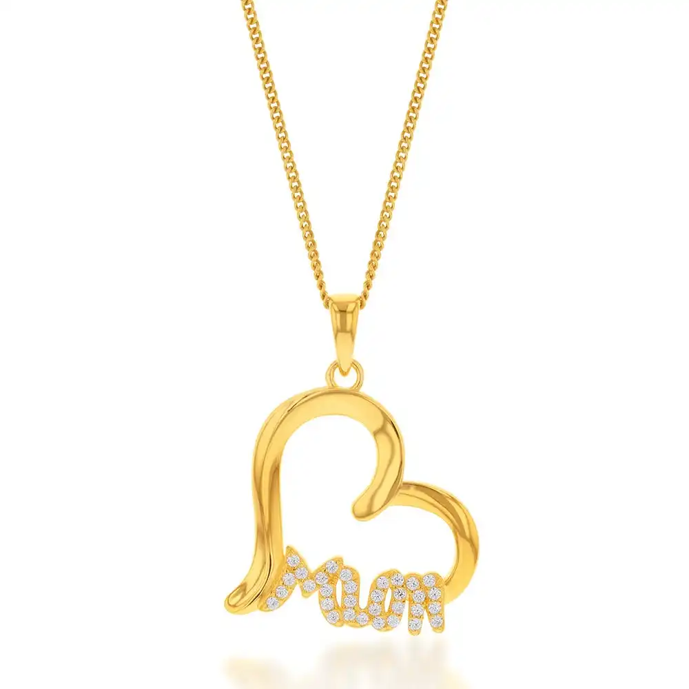 Gold Plated Sterling Silver Mum On Open Heart With Cubic Zirconia Pendant