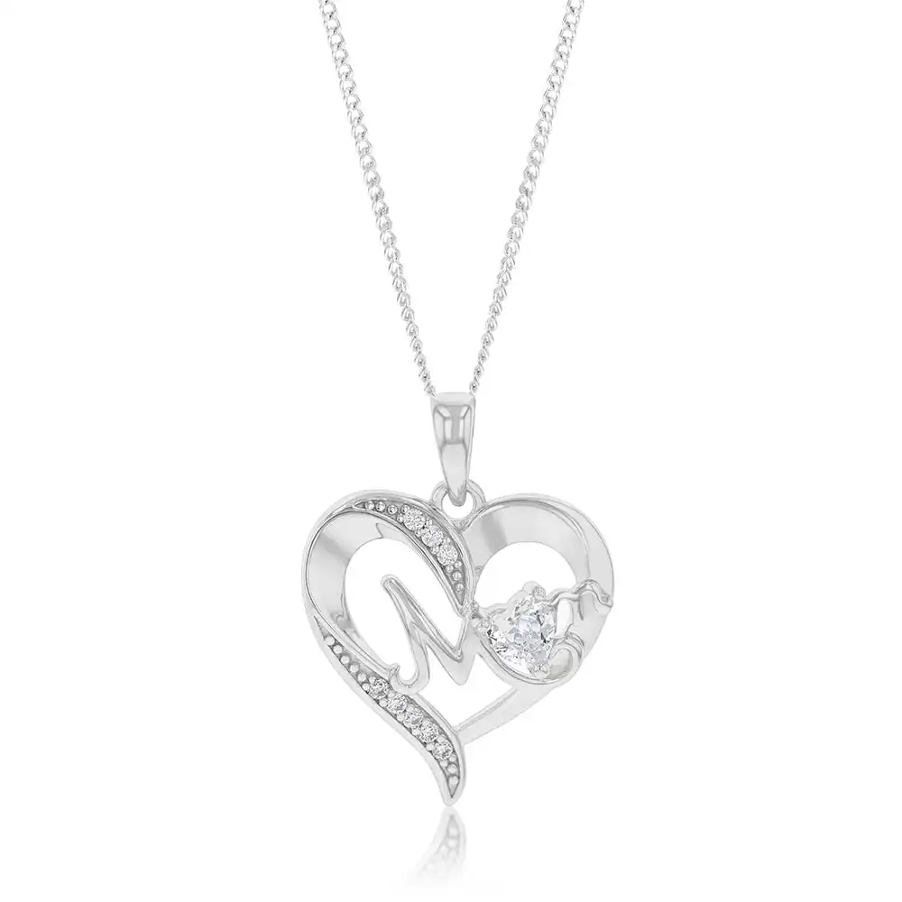 Sterling Silver Fancy Heart Mom With Cubic Zirconia Pendant