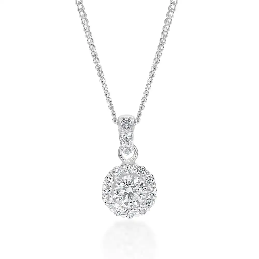 Sterling Silver Cubic Zirconia Round Halo Pendant