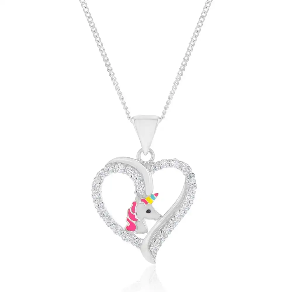 Sterling Silver Unicorn In Heart With Cubic Zirconia Pendant