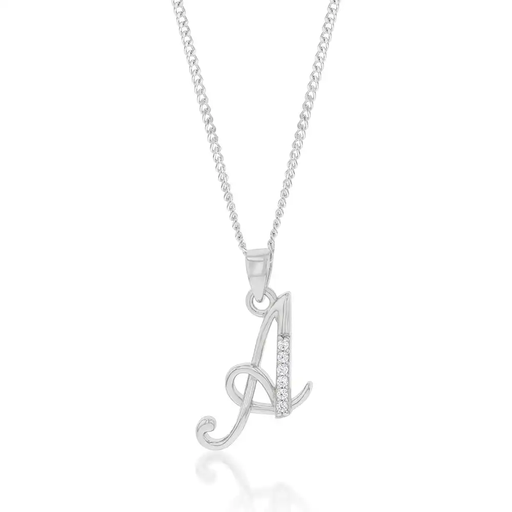 Sterling Silver Rhodium Plated Cubic Zirconia Script "A" Initial Pendant