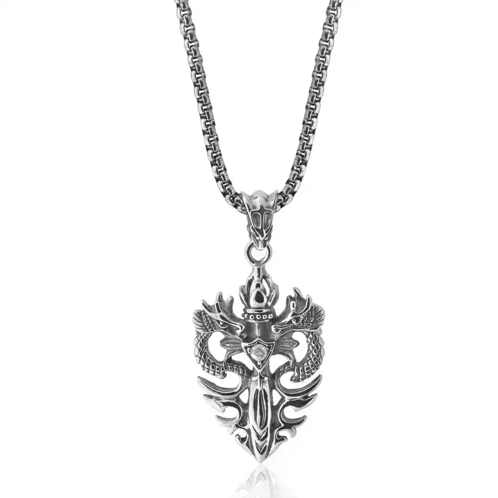 Stainless Steel Double Dragon Pendant with 50cm Chain