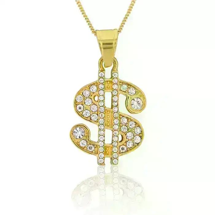Stainless Steel Gold Plated Crystal Set Dollar Sign Pendant