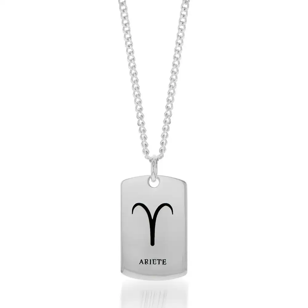 Sterling Silver Dog Tag With Aries Zodiac/Star Sign Pendant