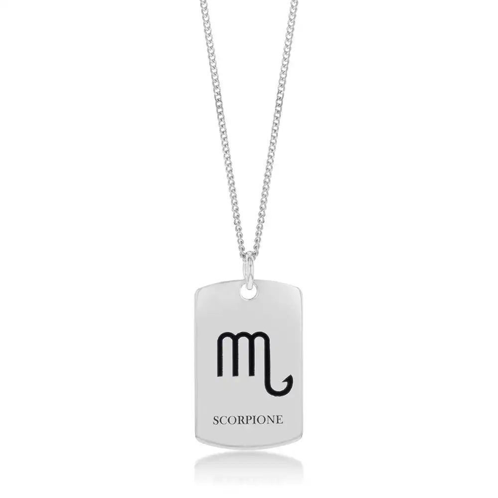 Sterling Silver Dog Tag With Scorpio Zodiac/Star Sign Pendant
