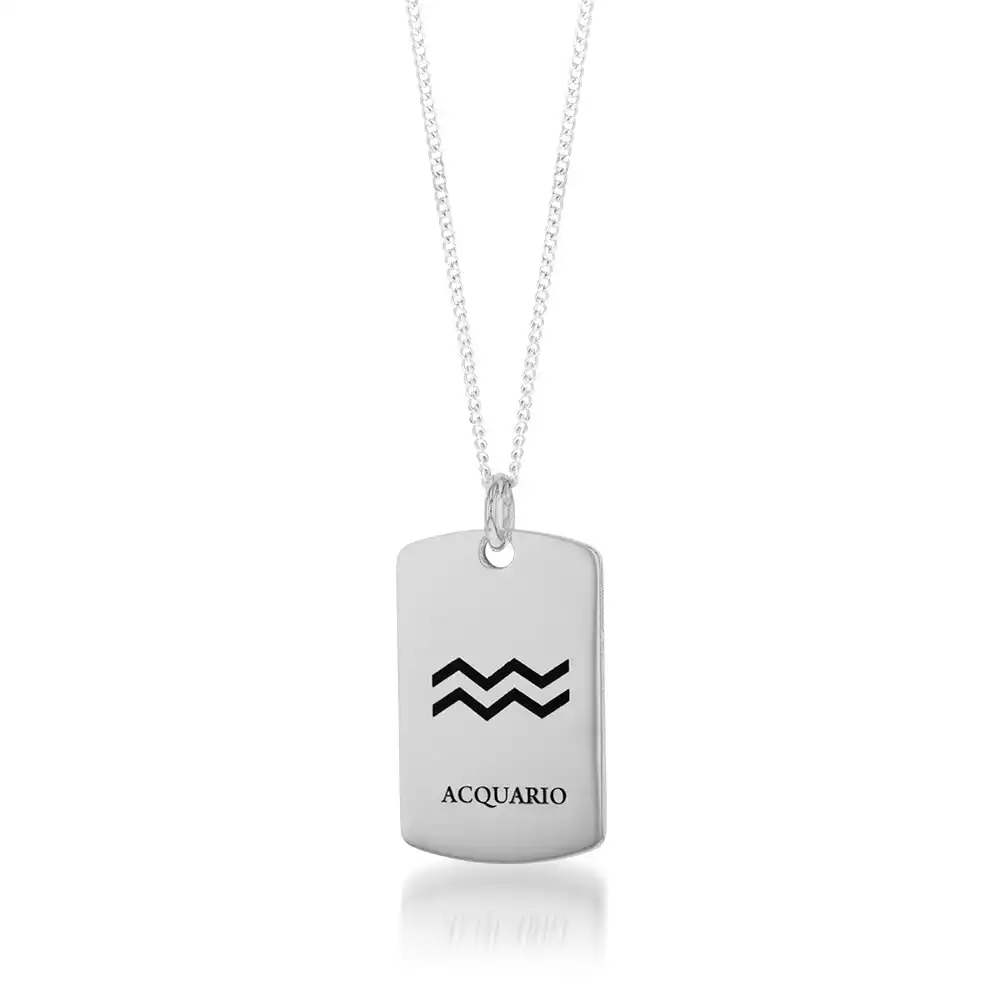 Sterling Silver Dog Tag With Aquarius Zodiac/Star Sign Pendant