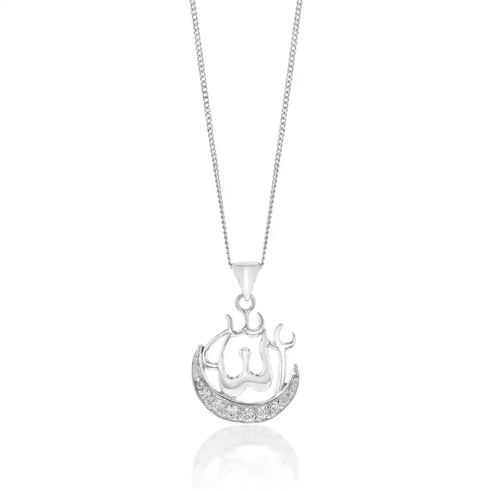 Sterling Silver Cubic Zirconia On Moon And Allaha Pendant