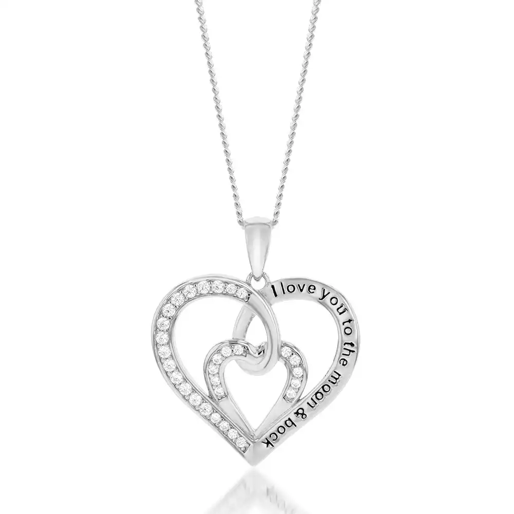 Sterling Silver Rhodium Plated White Cubic Zirconia Inscription Fancy Heart Pendant