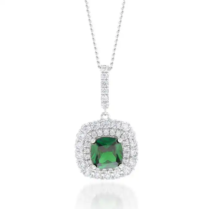 Sterling Silver Rhodium Plated Green And White Cushion Pendant
