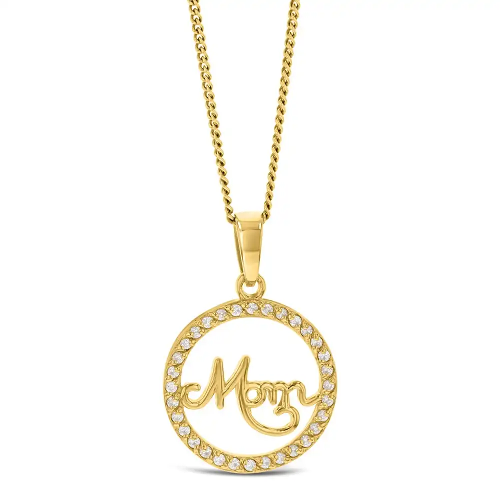 Sterling Silver Gold Plated Cubic Zirconia Round Mom Pendant
