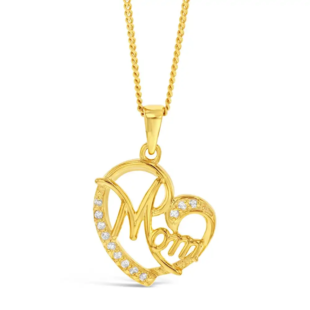 Sterling Silver Gold Plated Cubic Zirconia Heart Mom Pendant