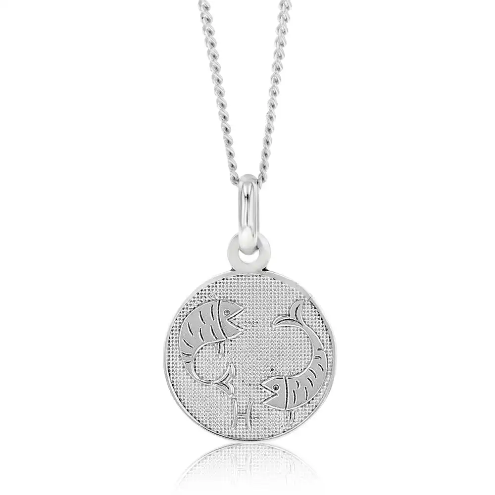 Sterling Silver Rhodium Plated Round Zodiac Pisces Pendant