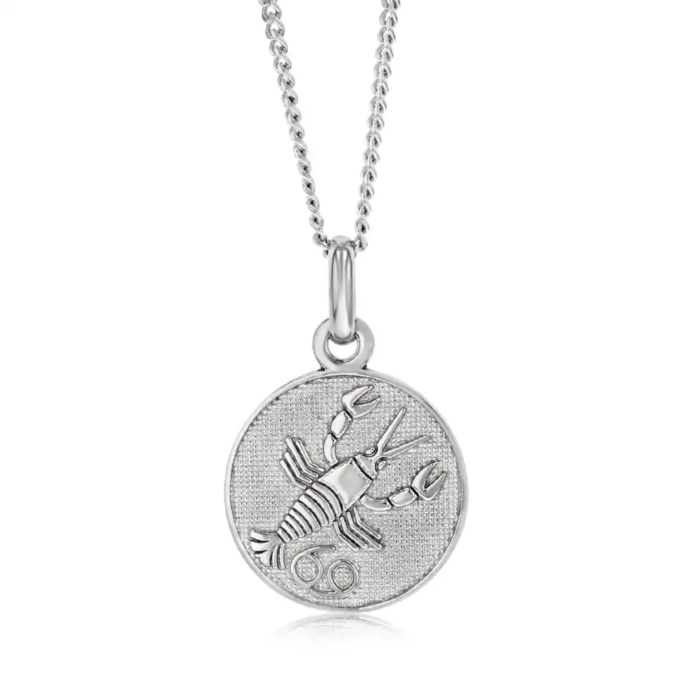 Sterling Silver Rhodium Plated Round Zodiac Cancer Pendant