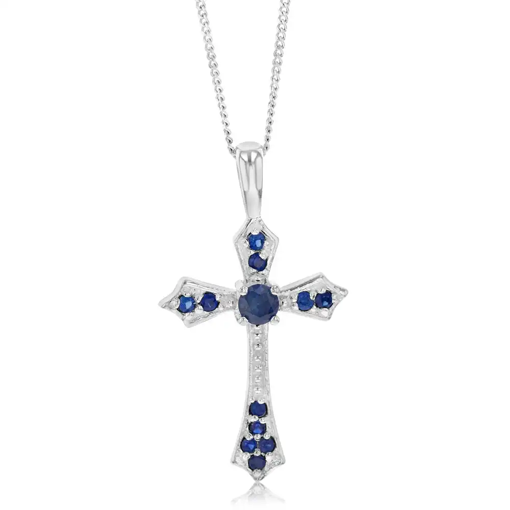 Sterling Silver Created Sapphire Fancy Cross Pendant