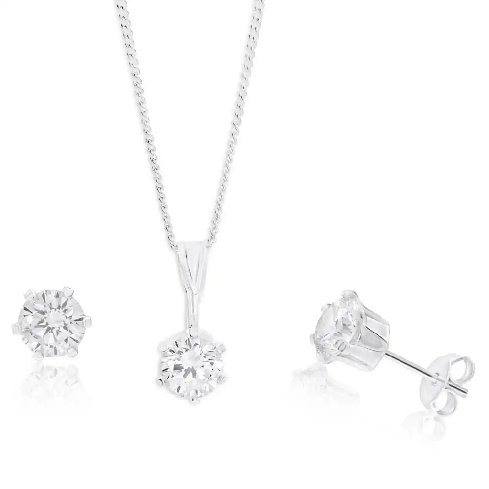 Sterling Silver 6mm Zirconia Pendant and Earring Set with Chain