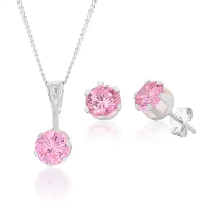 Sterling Silver Pink Cubic Zirconia Stud Earrings and Pendant on Chain Set