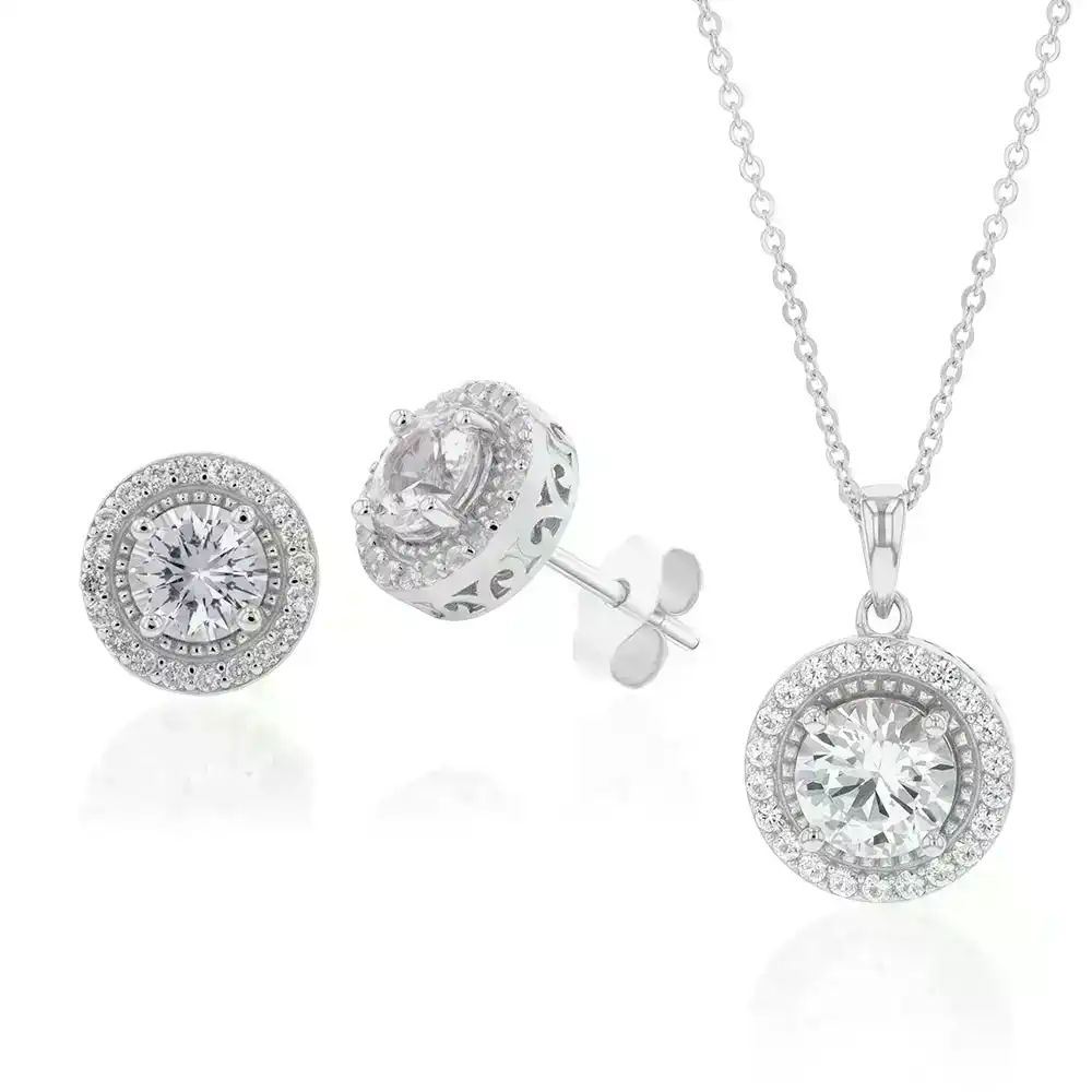 Sterling Silver Natural White Sapphire Pendant and Earring Set