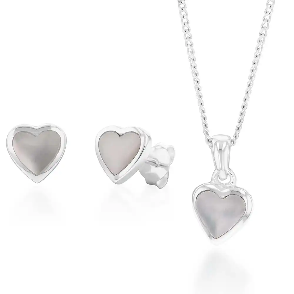 Sterling Silver Mother of Pearl Pendant and Earring Heart Set on 45cm Chain