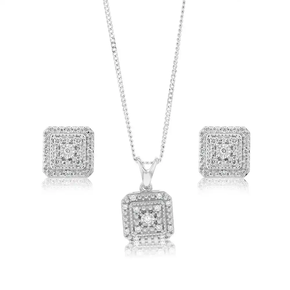 Sterling Silver Diamond Pendant & Stud Earrings Set