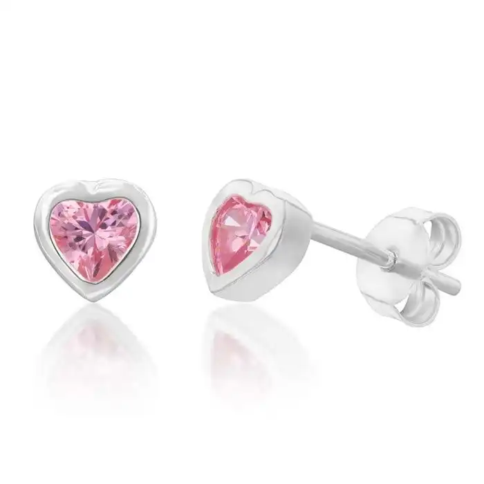 Sterling Silver Pink Cubic Zirconia Heart Stud Earrings
