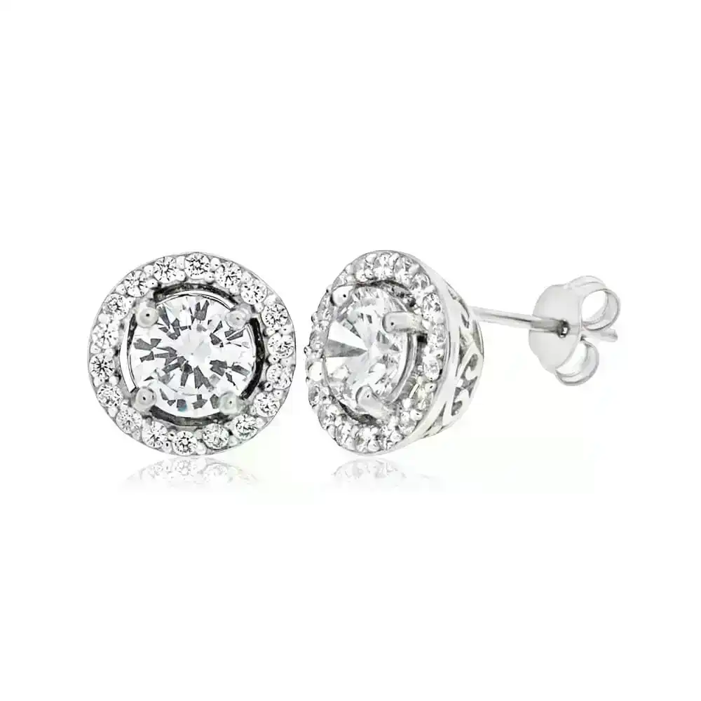 Sterling Silver Rhodium Plated Cubic Zirconia Round Stud Earrings