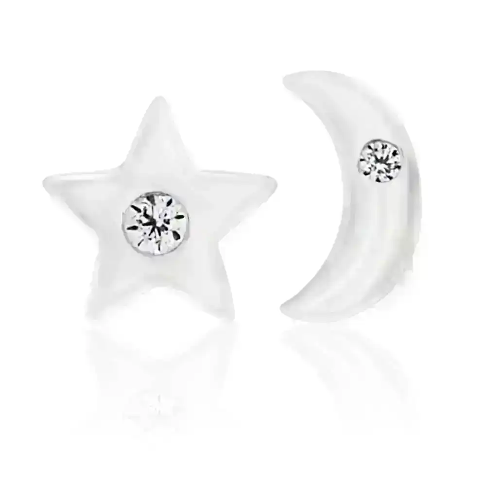 Sterling Silver Cubic Zirconia Moon and Star Stud Earrings