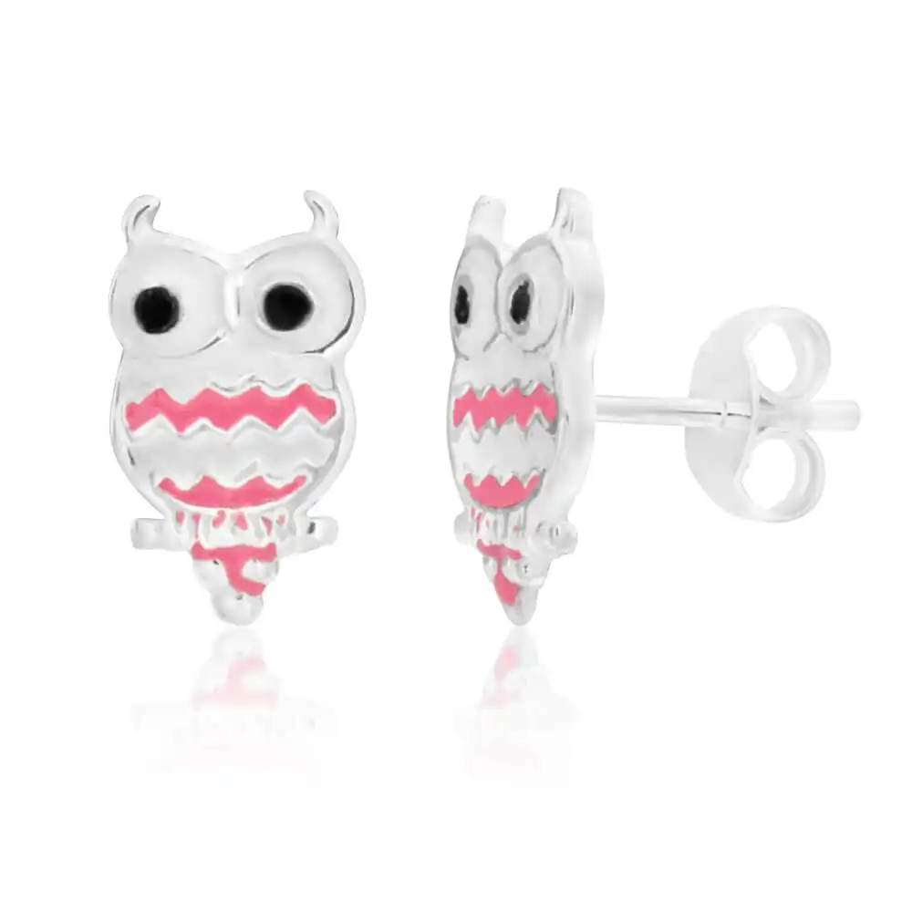 Sterling Silver Owl Pink Stud Earrings