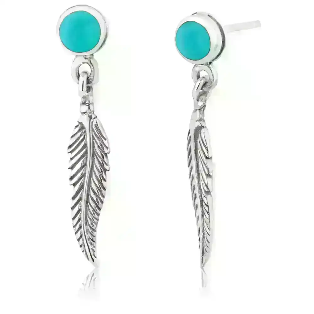 Sterling Silver Created Turquoise Dome & Feather Stud Earrings