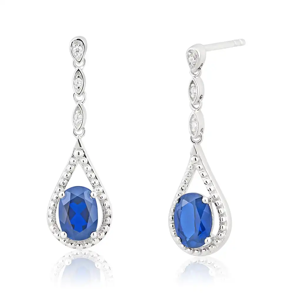 Sterling Silver Rhodium Plated Created Sapphire and Zirconia Drop Earrings