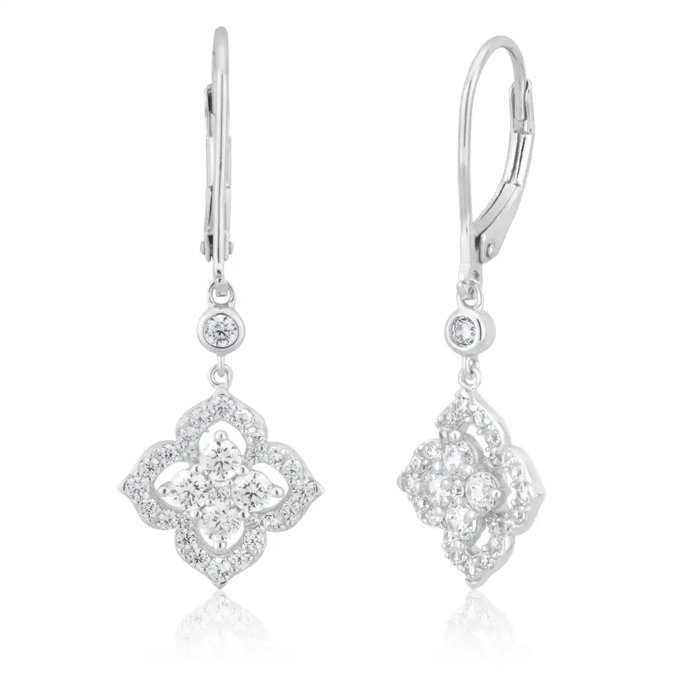 Sterling Silver Rhodium Plated Cubic Zirconia Lever Back Drop Earrings