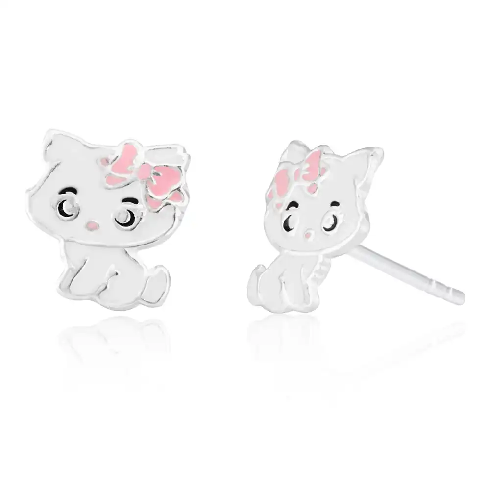 Sterling Silver Pink and White Kitty Studs