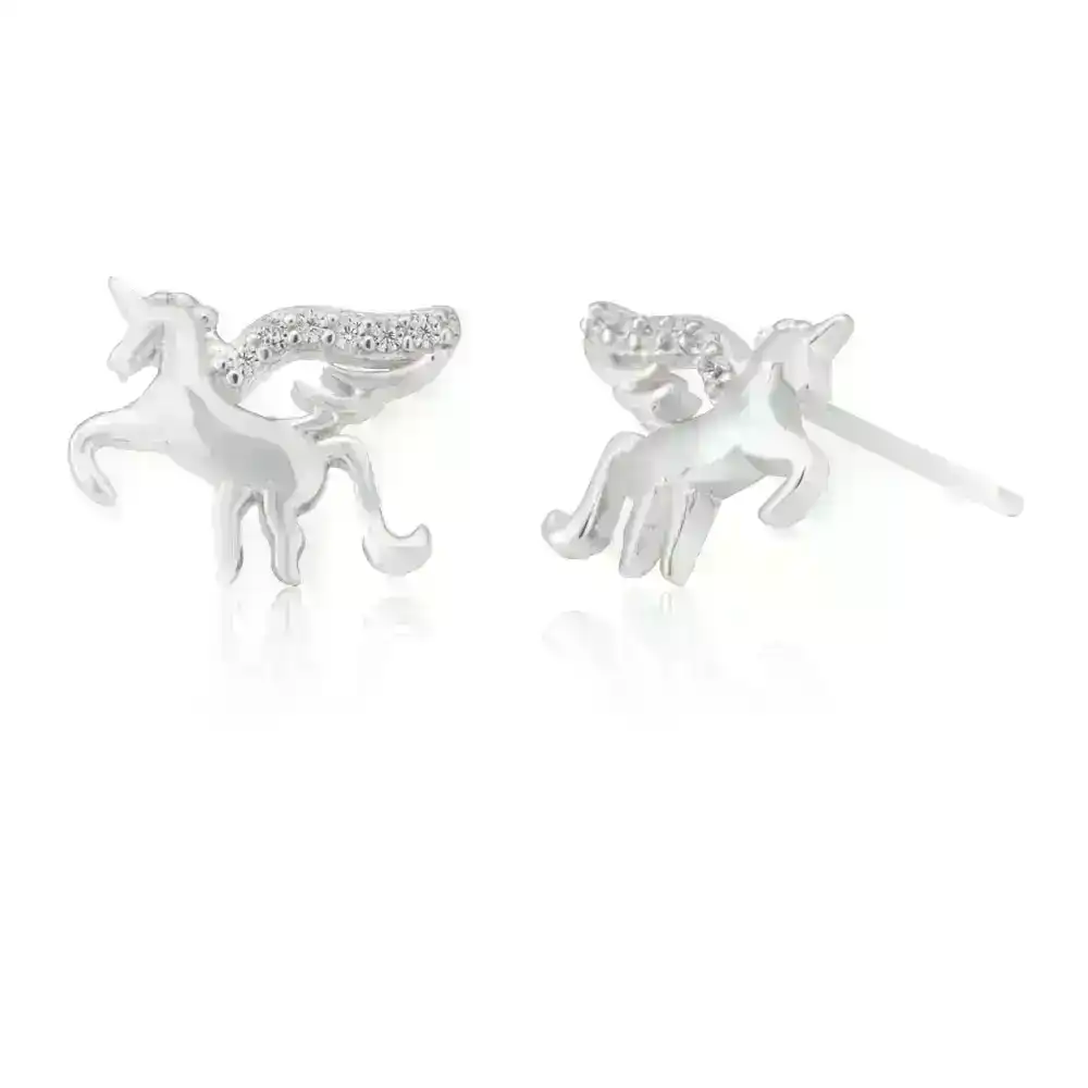 Sterling Silver Zirconia Unicorn Stud Earrings