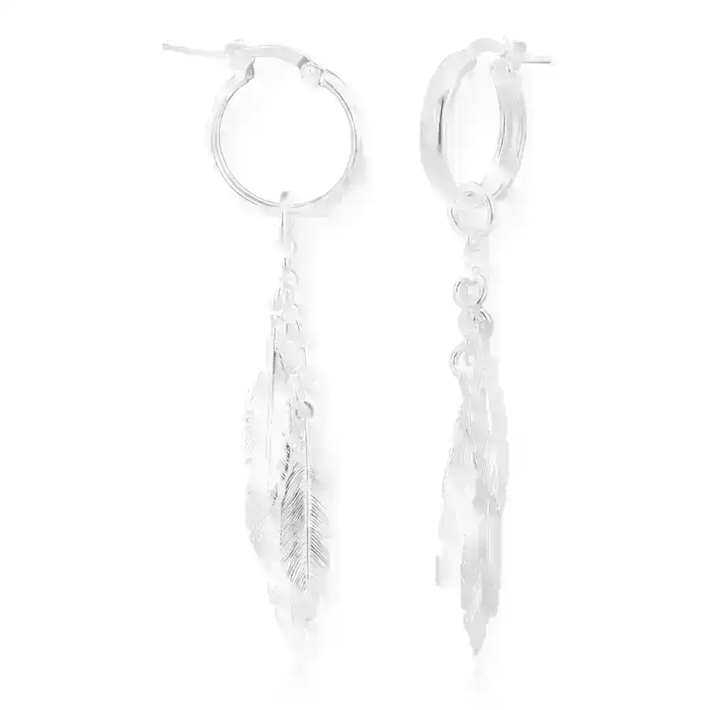 Sterling Silver Hoop and Multi Feather Drop Earrings