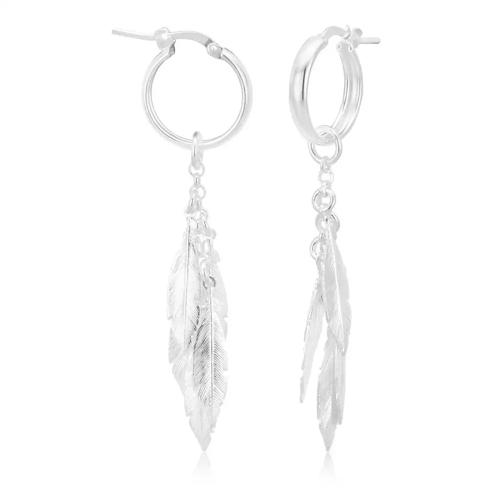 Sterling Silver Hoop and Multi Feather Drop Earrings