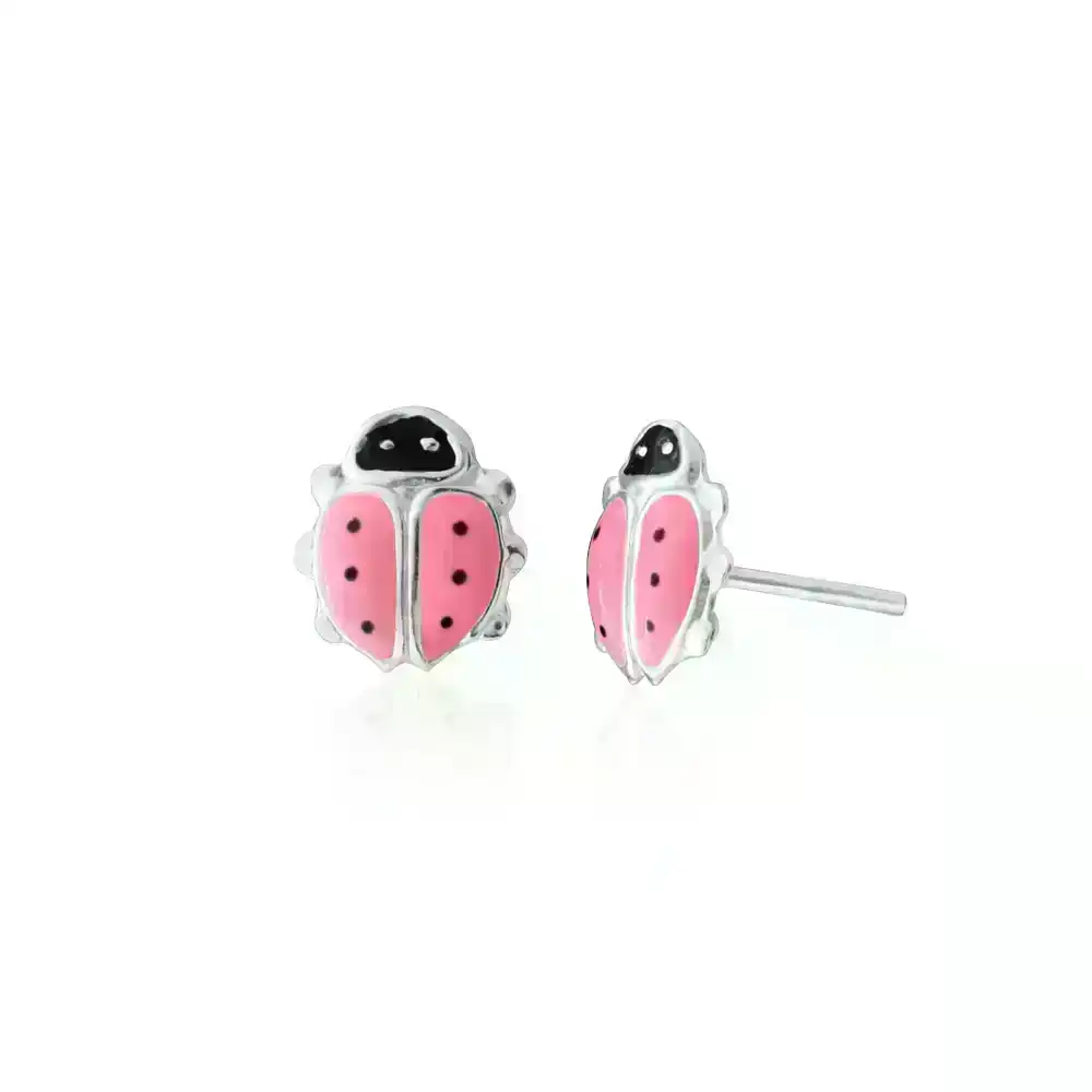 Sterling Silver Pink and Black Ladybird Stud Earrings
