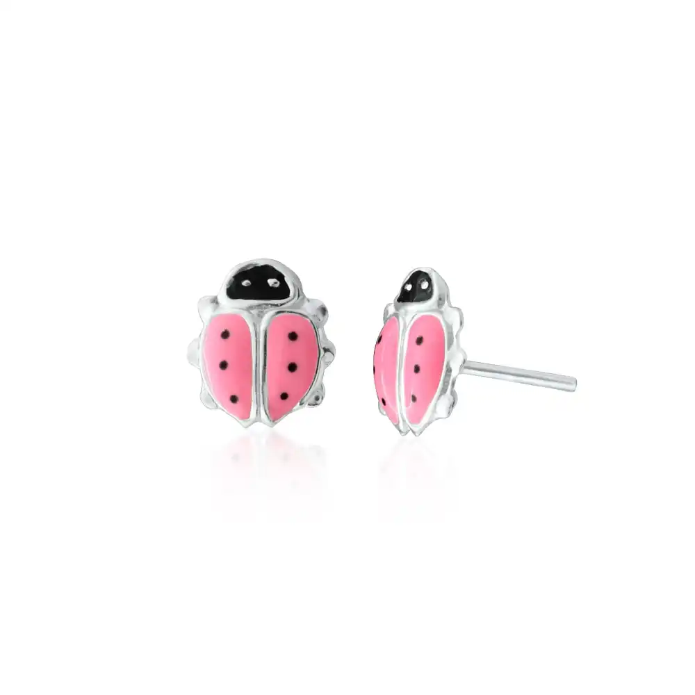Sterling Silver Pink and Black Ladybird Stud Earrings