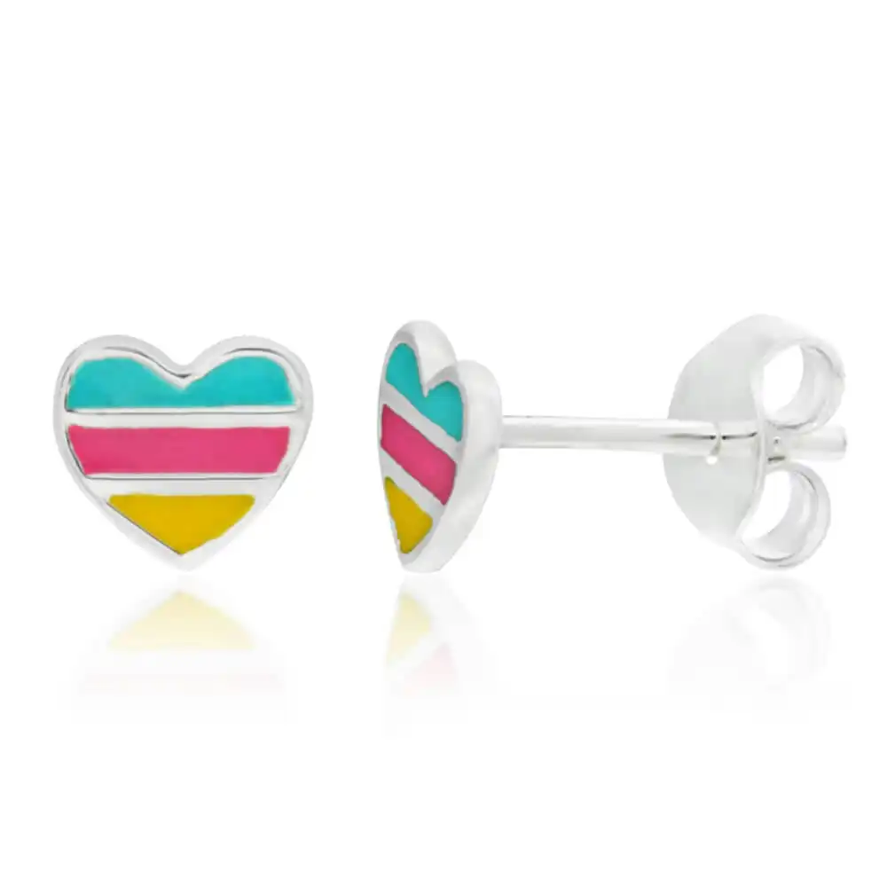 Sterling Silver Multi Colour Enamel Heart Stud Earrings