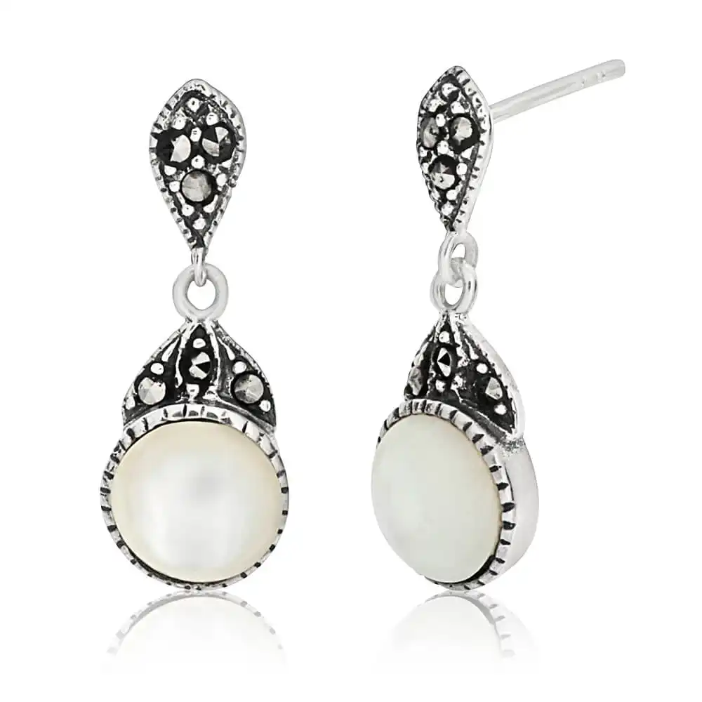 Sterling Silver Marcasite + Oxidised Pearl Earrings
