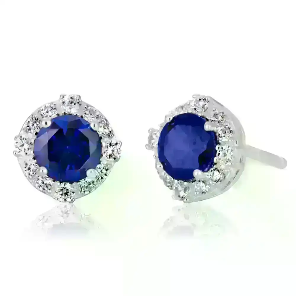 Sterling Silver Created Sapphire + Cubic Zirconia Halo Earrings