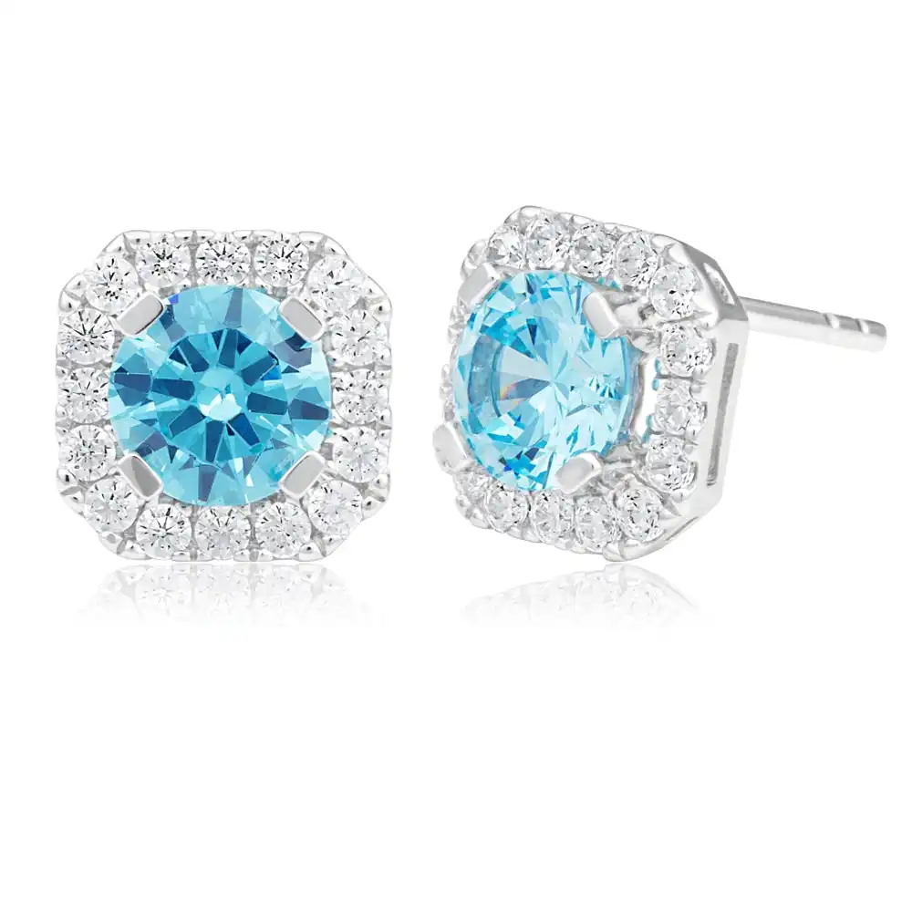 Sterling Silver Rhodium Plated Light Blue Zirconia Round Cut Halo Stud Earrings