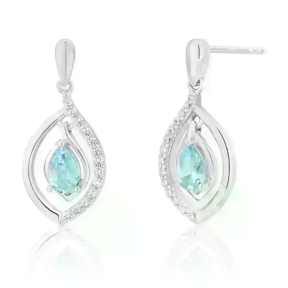 Sterling Silver Blue and White Zirconia Drop Earrings